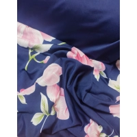 Granatowa elastyczna dzianina Jersey - różowe orchidee